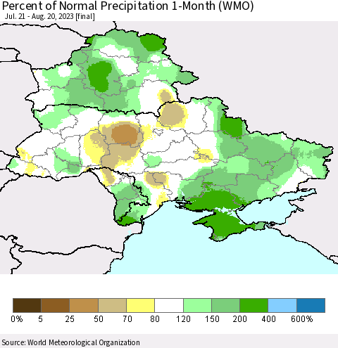 Ukraine, Moldova and Belarus Percent of Normal Precipitation 1-Month (WMO) Thematic Map For 7/21/2023 - 8/20/2023