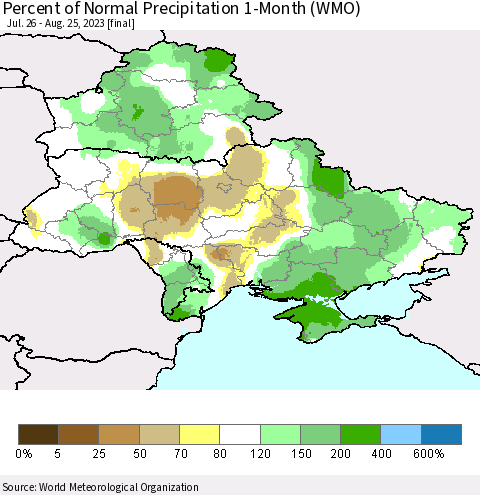 Ukraine, Moldova and Belarus Percent of Normal Precipitation 1-Month (WMO) Thematic Map For 7/26/2023 - 8/25/2023