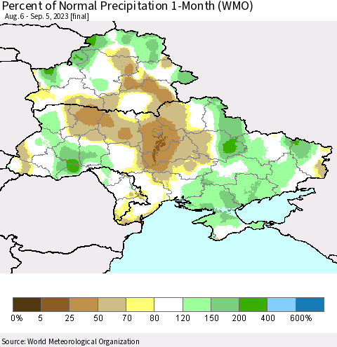 Ukraine, Moldova and Belarus Percent of Normal Precipitation 1-Month (WMO) Thematic Map For 8/6/2023 - 9/5/2023