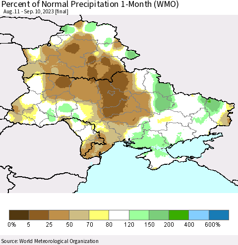 Ukraine, Moldova and Belarus Percent of Normal Precipitation 1-Month (WMO) Thematic Map For 8/11/2023 - 9/10/2023