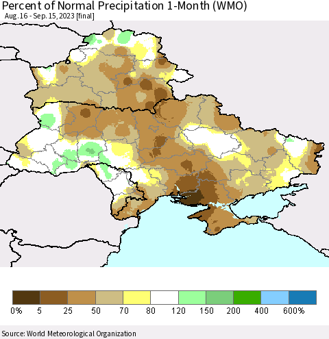 Ukraine, Moldova and Belarus Percent of Normal Precipitation 1-Month (WMO) Thematic Map For 8/16/2023 - 9/15/2023