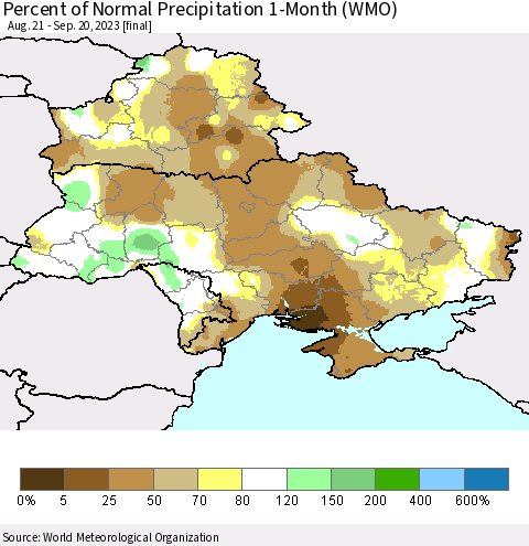 Ukraine, Moldova and Belarus Percent of Normal Precipitation 1-Month (WMO) Thematic Map For 8/21/2023 - 9/20/2023