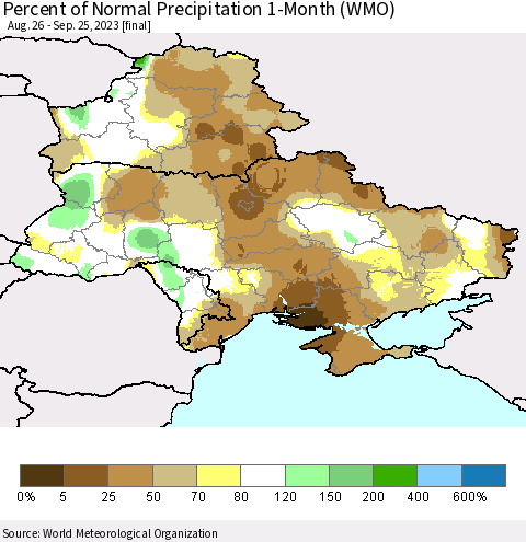 Ukraine, Moldova and Belarus Percent of Normal Precipitation 1-Month (WMO) Thematic Map For 8/26/2023 - 9/25/2023