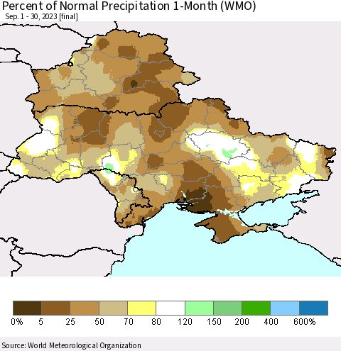 Ukraine, Moldova and Belarus Percent of Normal Precipitation 1-Month (WMO) Thematic Map For 9/1/2023 - 9/30/2023