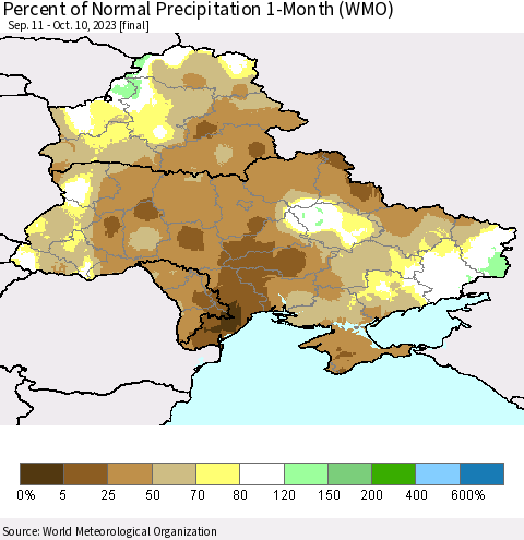 Ukraine, Moldova and Belarus Percent of Normal Precipitation 1-Month (WMO) Thematic Map For 9/11/2023 - 10/10/2023