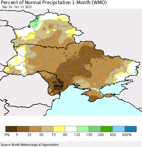 Ukraine, Moldova and Belarus Percent of Normal Precipitation 1-Month (WMO) Thematic Map For 9/16/2023 - 10/15/2023