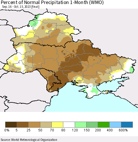 Ukraine, Moldova and Belarus Percent of Normal Precipitation 1-Month (WMO) Thematic Map For 9/16/2023 - 10/15/2023