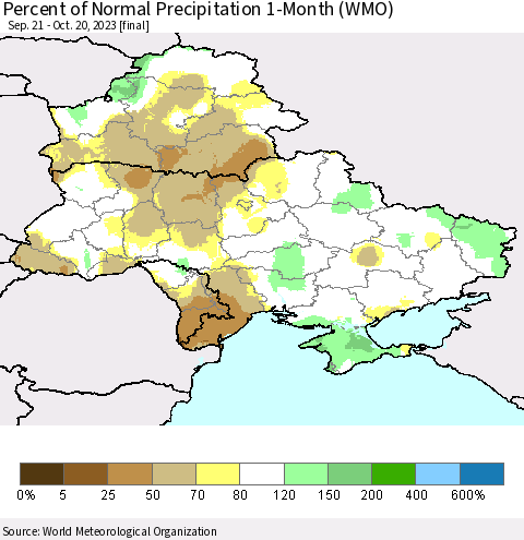 Ukraine, Moldova and Belarus Percent of Normal Precipitation 1-Month (WMO) Thematic Map For 9/21/2023 - 10/20/2023