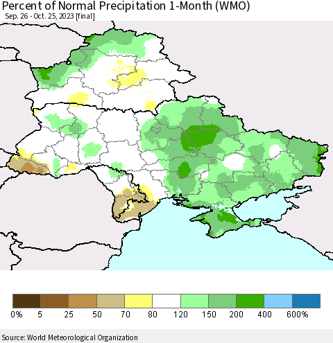 Ukraine, Moldova and Belarus Percent of Normal Precipitation 1-Month (WMO) Thematic Map For 9/26/2023 - 10/25/2023