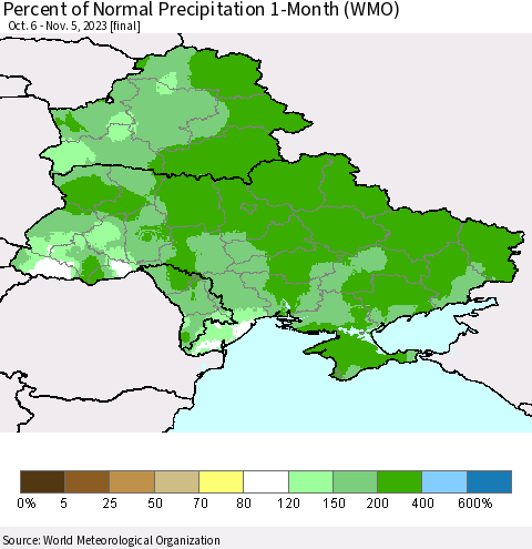 Ukraine, Moldova and Belarus Percent of Normal Precipitation 1-Month (WMO) Thematic Map For 10/6/2023 - 11/5/2023