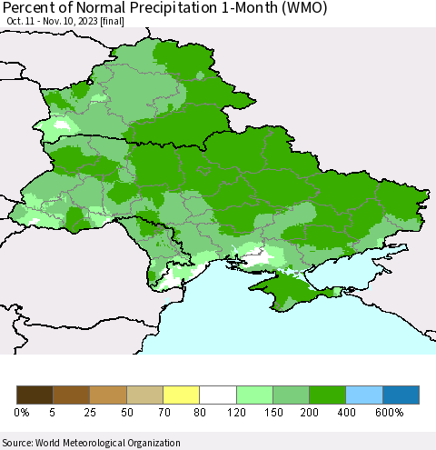 Ukraine, Moldova and Belarus Percent of Normal Precipitation 1-Month (WMO) Thematic Map For 10/11/2023 - 11/10/2023
