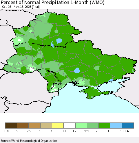 Ukraine, Moldova and Belarus Percent of Normal Precipitation 1-Month (WMO) Thematic Map For 10/16/2023 - 11/15/2023