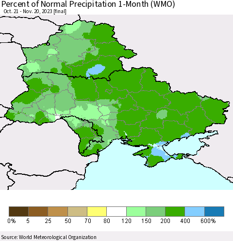 Ukraine, Moldova and Belarus Percent of Normal Precipitation 1-Month (WMO) Thematic Map For 10/21/2023 - 11/20/2023
