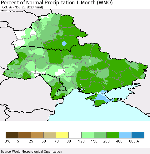 Ukraine, Moldova and Belarus Percent of Normal Precipitation 1-Month (WMO) Thematic Map For 10/26/2023 - 11/25/2023
