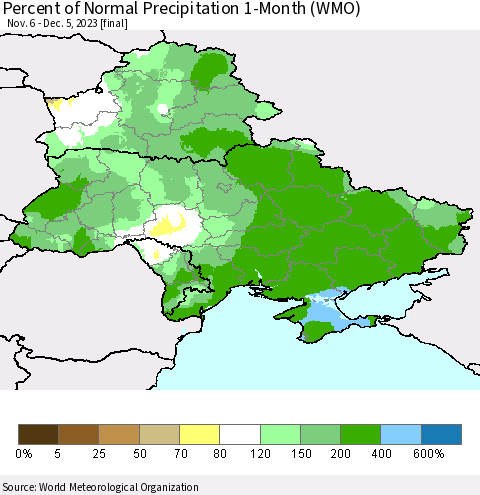 Ukraine, Moldova and Belarus Percent of Normal Precipitation 1-Month (WMO) Thematic Map For 11/6/2023 - 12/5/2023
