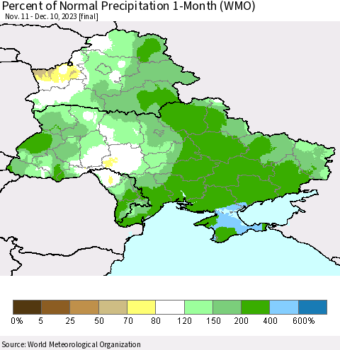 Ukraine, Moldova and Belarus Percent of Normal Precipitation 1-Month (WMO) Thematic Map For 11/11/2023 - 12/10/2023