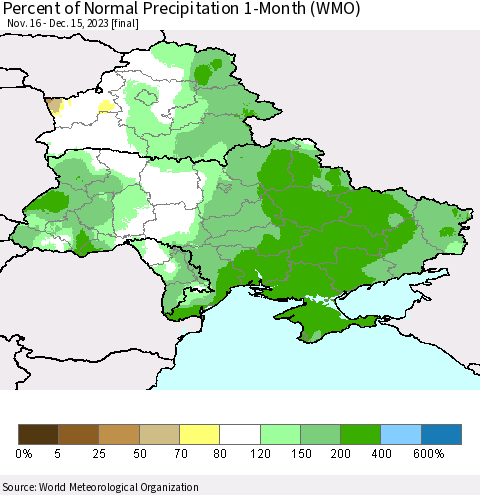 Ukraine, Moldova and Belarus Percent of Normal Precipitation 1-Month (WMO) Thematic Map For 11/16/2023 - 12/15/2023