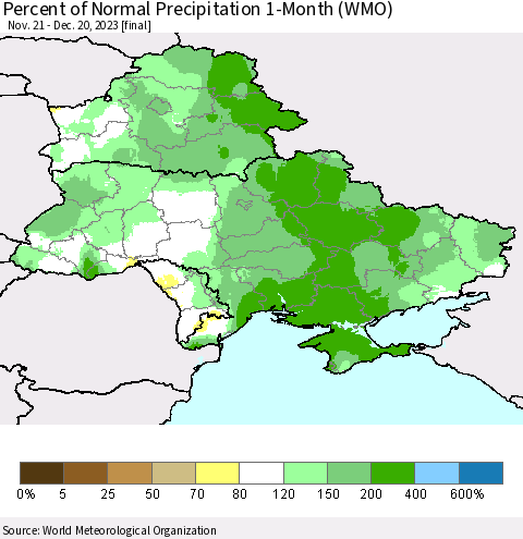 Ukraine, Moldova and Belarus Percent of Normal Precipitation 1-Month (WMO) Thematic Map For 11/21/2023 - 12/20/2023