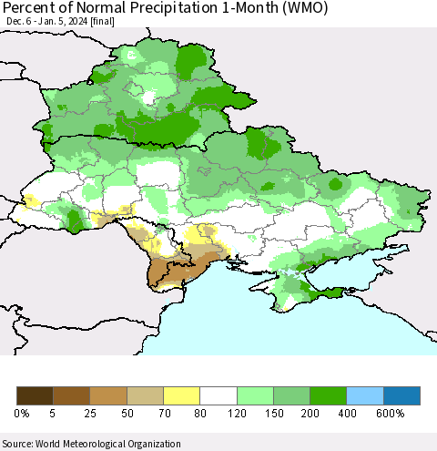 Ukraine, Moldova and Belarus Percent of Normal Precipitation 1-Month (WMO) Thematic Map For 12/6/2023 - 1/5/2024
