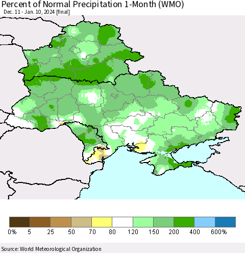 Ukraine, Moldova and Belarus Percent of Normal Precipitation 1-Month (WMO) Thematic Map For 12/11/2023 - 1/10/2024