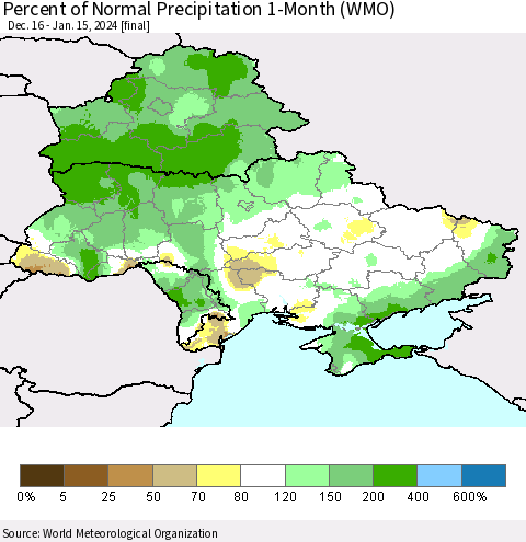 Ukraine, Moldova and Belarus Percent of Normal Precipitation 1-Month (WMO) Thematic Map For 12/16/2023 - 1/15/2024