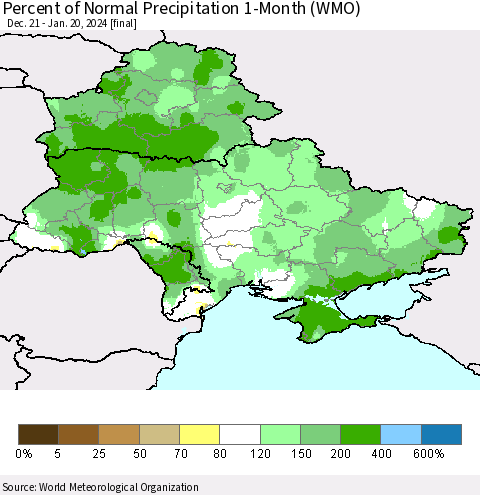 Ukraine, Moldova and Belarus Percent of Normal Precipitation 1-Month (WMO) Thematic Map For 12/21/2023 - 1/20/2024