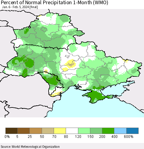 Ukraine, Moldova and Belarus Percent of Normal Precipitation 1-Month (WMO) Thematic Map For 1/6/2024 - 2/5/2024