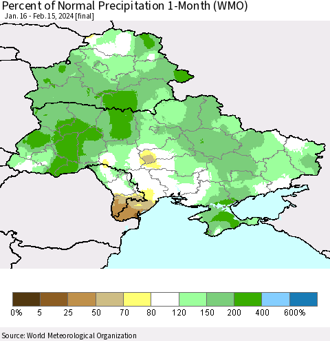 Ukraine, Moldova and Belarus Percent of Normal Precipitation 1-Month (WMO) Thematic Map For 1/16/2024 - 2/15/2024