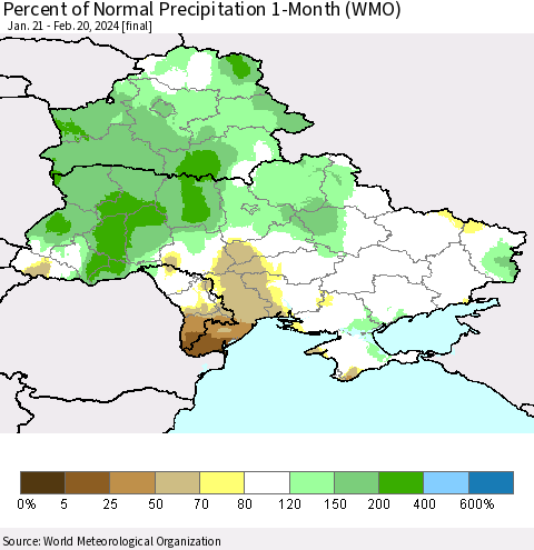 Ukraine, Moldova and Belarus Percent of Normal Precipitation 1-Month (WMO) Thematic Map For 1/21/2024 - 2/20/2024