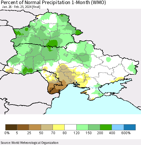 Ukraine, Moldova and Belarus Percent of Normal Precipitation 1-Month (WMO) Thematic Map For 1/26/2024 - 2/25/2024