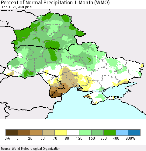 Ukraine, Moldova and Belarus Percent of Normal Precipitation 1-Month (WMO) Thematic Map For 2/1/2024 - 2/29/2024