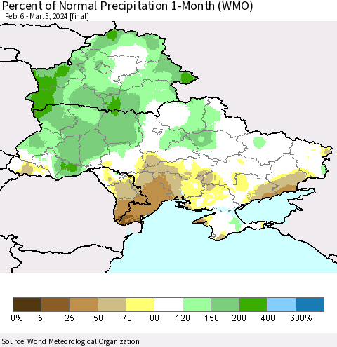 Ukraine, Moldova and Belarus Percent of Normal Precipitation 1-Month (WMO) Thematic Map For 2/6/2024 - 3/5/2024