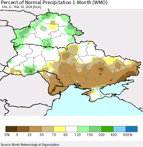 Ukraine, Moldova and Belarus Percent of Normal Precipitation 1-Month (WMO) Thematic Map For 2/11/2024 - 3/10/2024