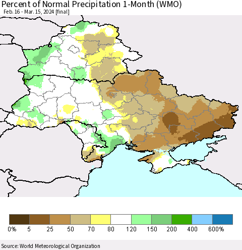 Ukraine, Moldova and Belarus Percent of Normal Precipitation 1-Month (WMO) Thematic Map For 2/16/2024 - 3/15/2024