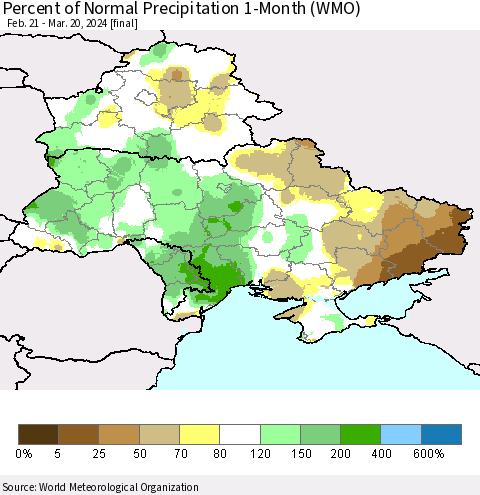 Ukraine, Moldova and Belarus Percent of Normal Precipitation 1-Month (WMO) Thematic Map For 2/21/2024 - 3/20/2024