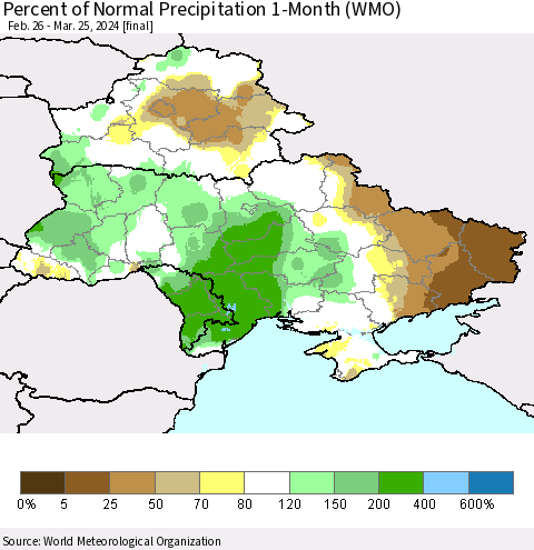 Ukraine, Moldova and Belarus Percent of Normal Precipitation 1-Month (WMO) Thematic Map For 2/26/2024 - 3/25/2024