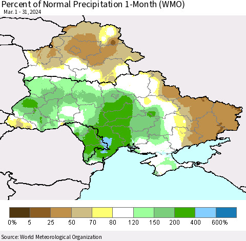 Ukraine, Moldova and Belarus Percent of Normal Precipitation 1-Month (WMO) Thematic Map For 3/1/2024 - 3/31/2024