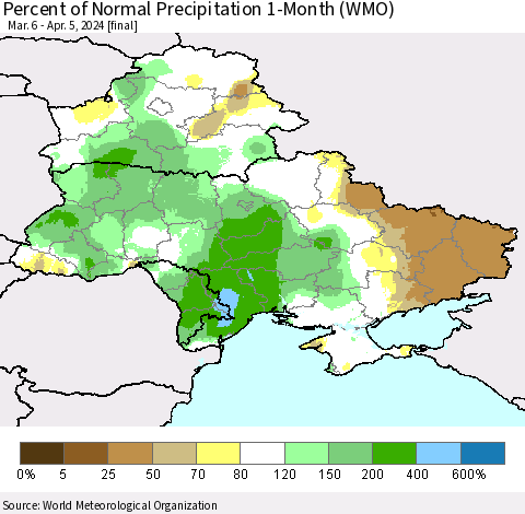 Ukraine, Moldova and Belarus Percent of Normal Precipitation 1-Month (WMO) Thematic Map For 3/6/2024 - 4/5/2024