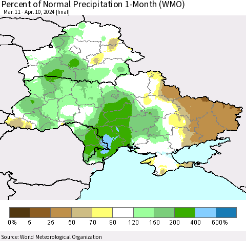 Ukraine, Moldova and Belarus Percent of Normal Precipitation 1-Month (WMO) Thematic Map For 3/11/2024 - 4/10/2024