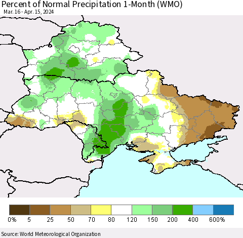 Ukraine, Moldova and Belarus Percent of Normal Precipitation 1-Month (WMO) Thematic Map For 3/16/2024 - 4/15/2024