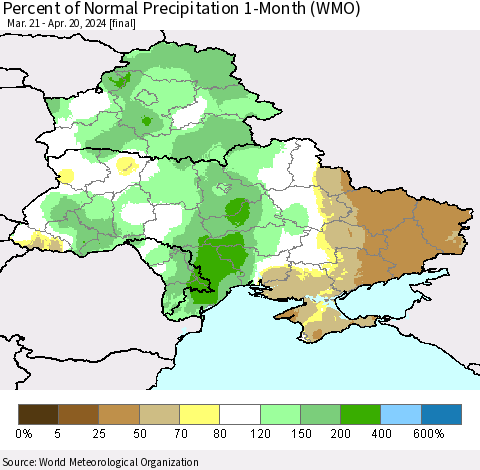 Ukraine, Moldova and Belarus Percent of Normal Precipitation 1-Month (WMO) Thematic Map For 3/21/2024 - 4/20/2024