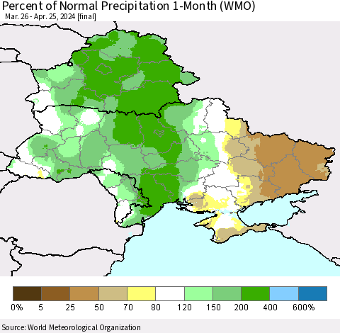 Ukraine, Moldova and Belarus Percent of Normal Precipitation 1-Month (WMO) Thematic Map For 3/26/2024 - 4/25/2024