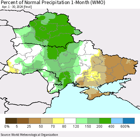 Ukraine, Moldova and Belarus Percent of Normal Precipitation 1-Month (WMO) Thematic Map For 4/1/2024 - 4/30/2024
