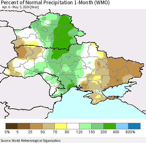 Ukraine, Moldova and Belarus Percent of Normal Precipitation 1-Month (WMO) Thematic Map For 4/6/2024 - 5/5/2024