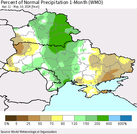 Ukraine, Moldova and Belarus Percent of Normal Precipitation 1-Month (WMO) Thematic Map For 4/11/2024 - 5/10/2024