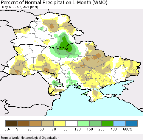 Ukraine, Moldova and Belarus Percent of Normal Precipitation 1-Month (WMO) Thematic Map For 5/6/2024 - 6/5/2024