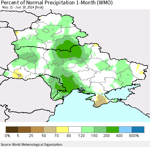 Ukraine, Moldova and Belarus Percent of Normal Precipitation 1-Month (WMO) Thematic Map For 5/21/2024 - 6/20/2024