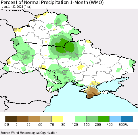 Ukraine, Moldova and Belarus Percent of Normal Precipitation 1-Month (WMO) Thematic Map For 6/1/2024 - 6/30/2024