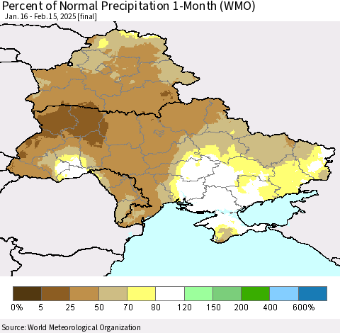 Ukraine, Moldova and Belarus Percent of Normal Precipitation 1-Month (WMO) Thematic Map For 1/16/2025 - 2/15/2025