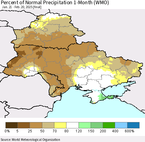 Ukraine, Moldova and Belarus Percent of Normal Precipitation 1-Month (WMO) Thematic Map For 1/21/2025 - 2/20/2025